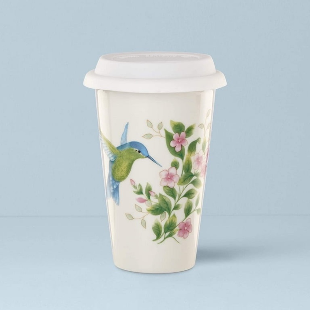 Lenox | Blue and Pink Hummingbird Butterfly Meadow Flutter Thermal Travel Mug